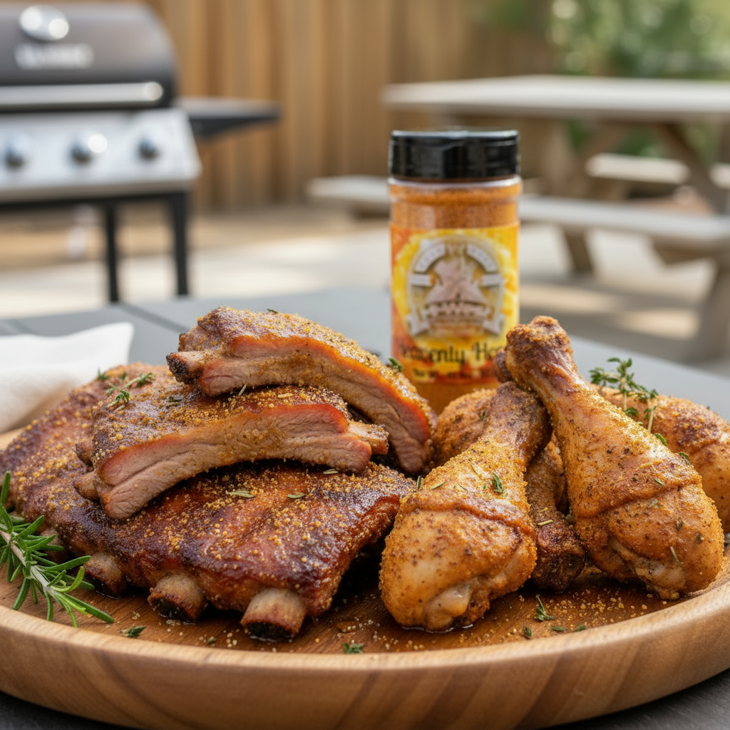 Hi-West Heavenly Honey Seasoning container, a flavorful spice blend from Hi-West Foods, Inc., shown in a close-up image.