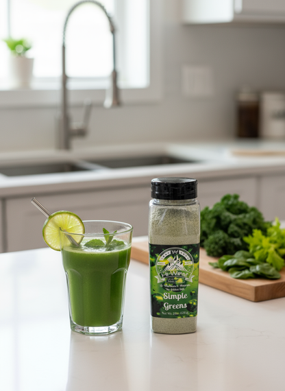 Hi-West Simple Greens green drink mix on kitchen counter, in a clear container with green powder visible inside.