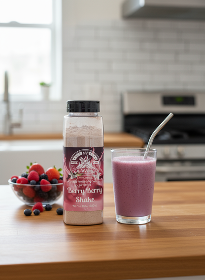 Hi-West Berry Berry protein shake in a glass on a kitchen counter, showcasing the colorful, fruity beverage.