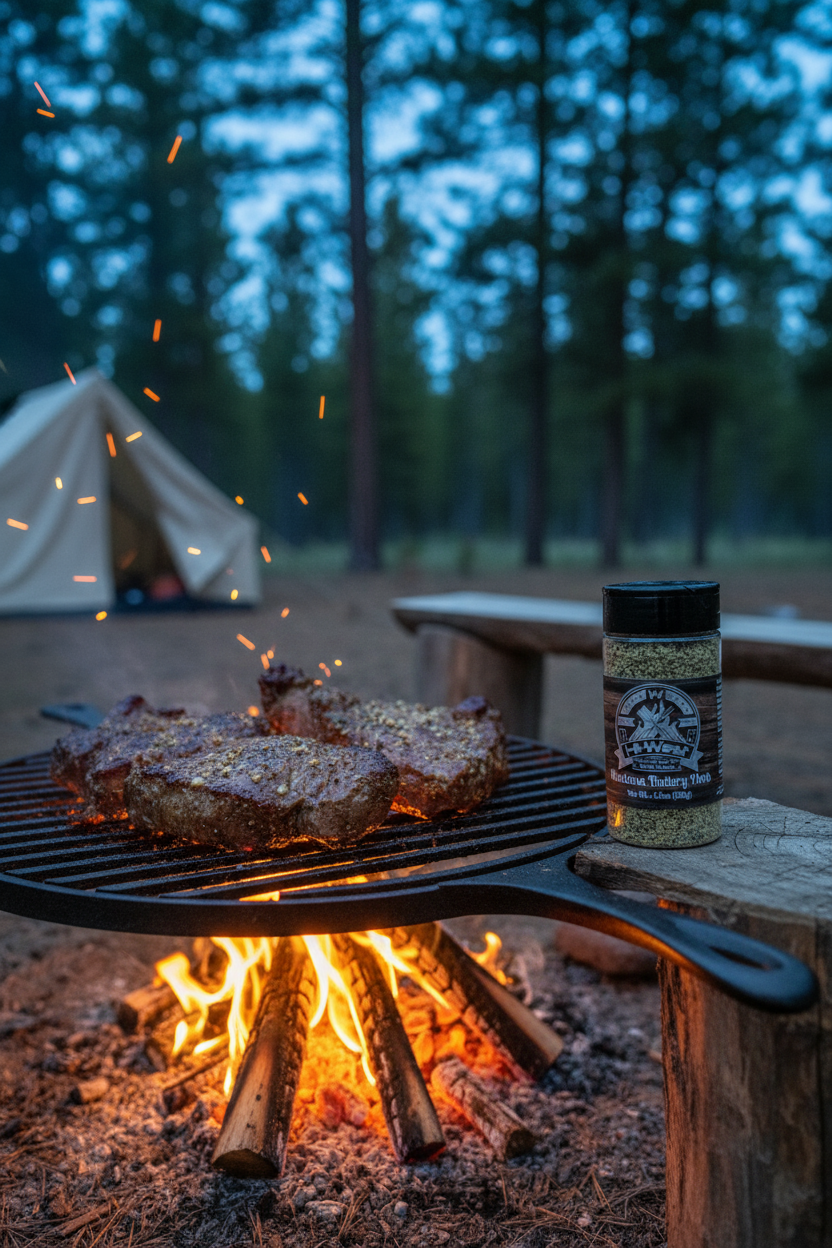 Hi-West Montana Buttery Herb Seasoning container with herbs and spices, ideal for enhancing meats and campfire cooking.