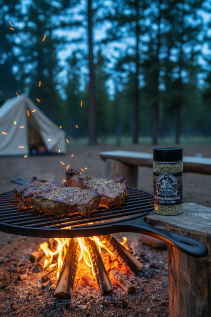 Hi-West Montana Buttery Herb Seasoning container with herbs and spices, ideal for enhancing meats and campfire cooking.