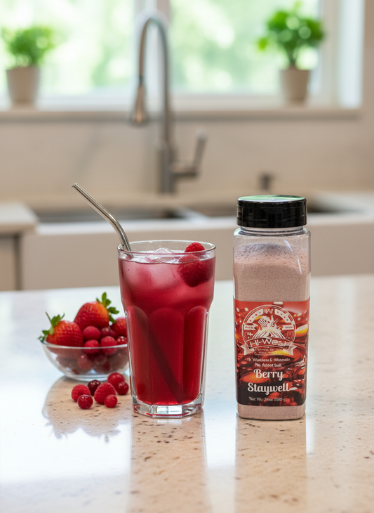 Redberry Vitamin Drink Mix by Hi-West Foods, Inc. in a Staywell Drink container on a kitchen counter.