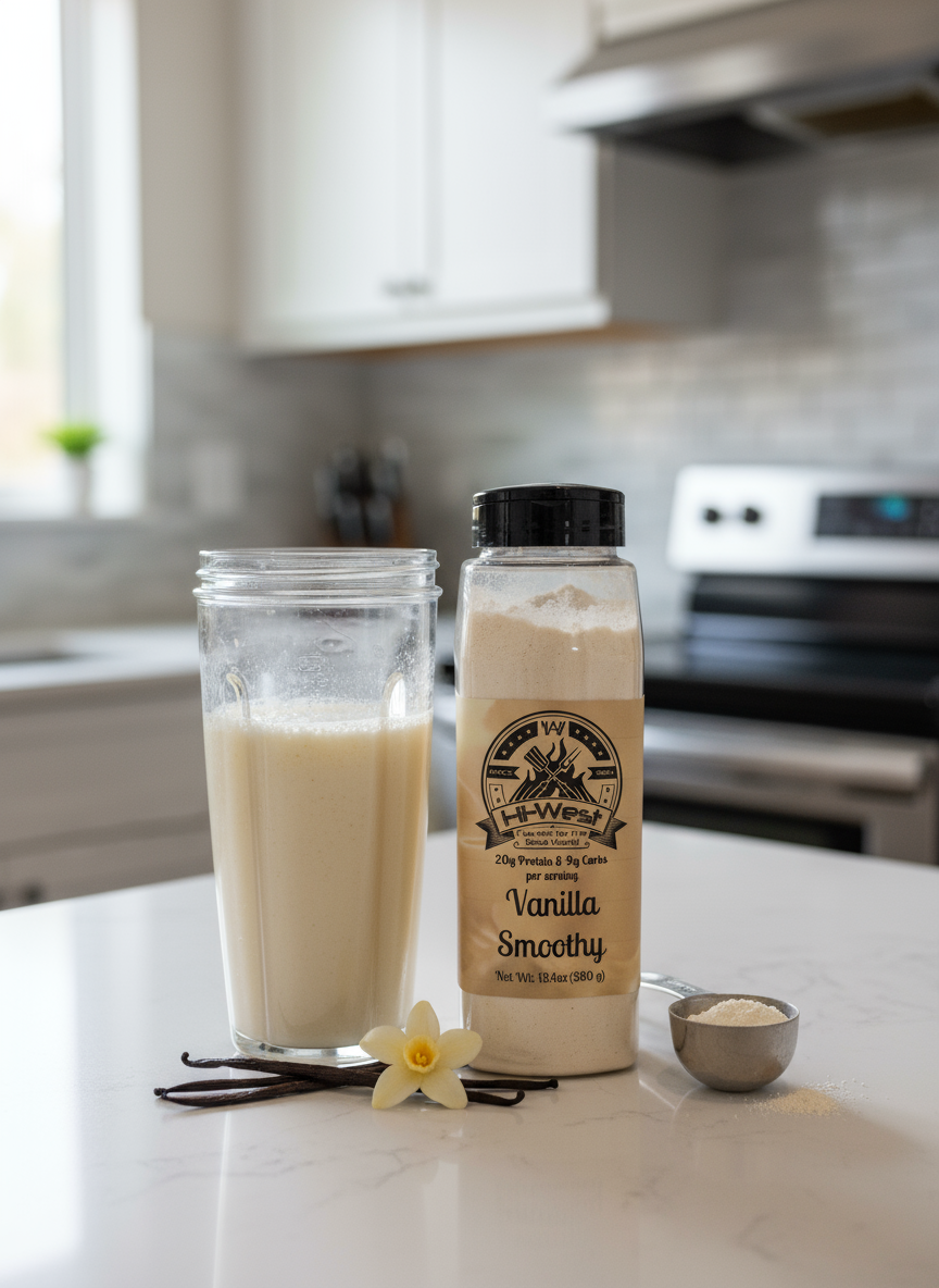 Vanilla protein shake in a glass on a kitchen counter, featuring Hi-West Foods, Inc. Hi-West Vanilla Protein Smoothy.