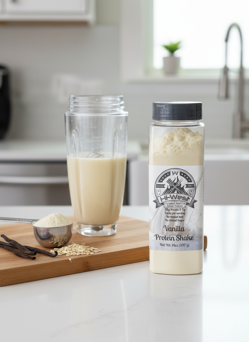 Hi-West Vanilla Protein Shake in a bottle with a white label, showcasing the creamy vanilla flavor and branded packaging.