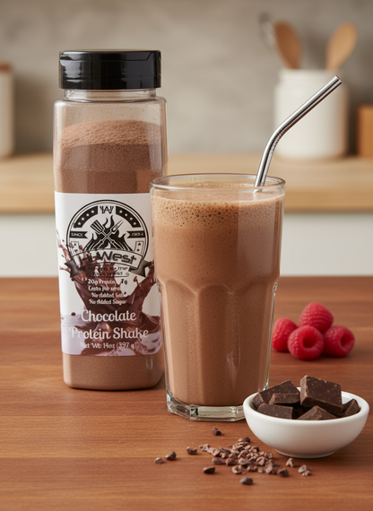 Hi-West Chocolate Protein Shake with 20 grams of protein and no added sugar in a ready-to-drink bottle.