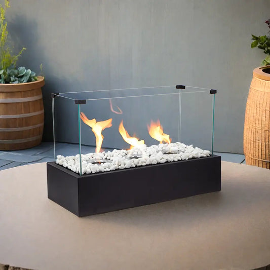 JHY DESIGN 18-inch rectangular tabletop fire pit with gel and ethanol burners, ideal for outdoor use and cozy gatherings.
