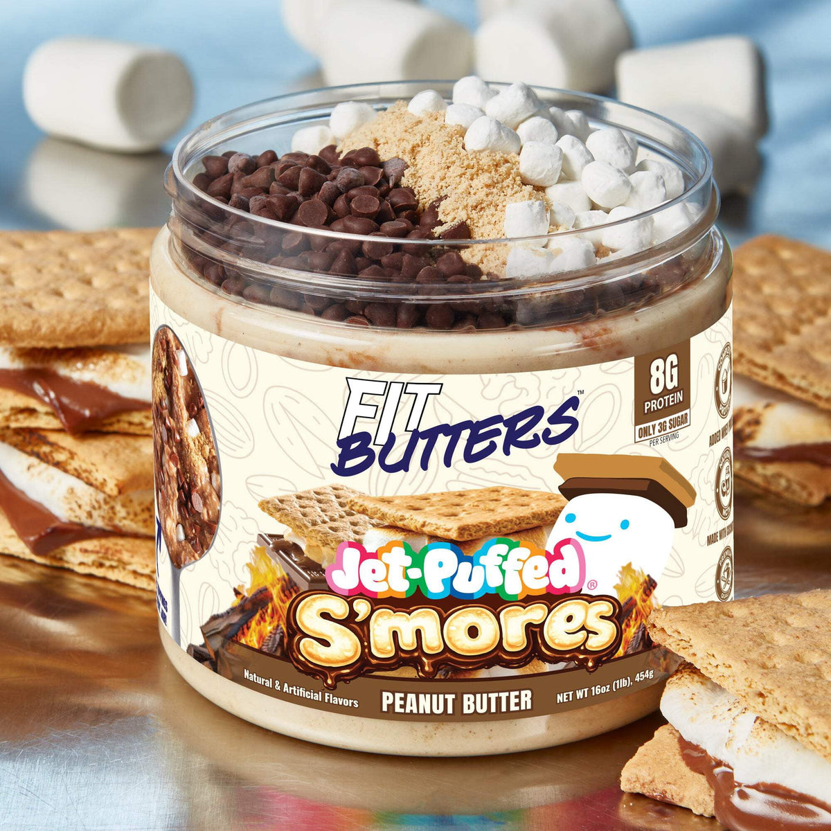 Back of 16 oz jar of Fit Butters JET-PUFFED® S'Mores Peanut Butter spread with a smooth, creamy texture and chocolate and marshmallow swirls.