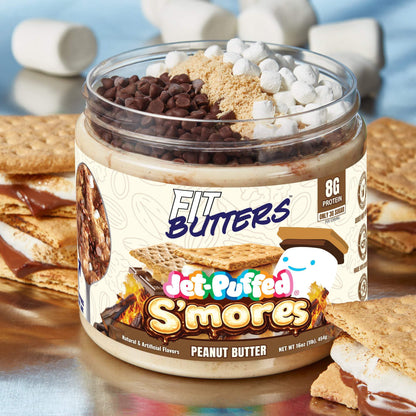 Back of 16 oz jar of Fit Butters JET-PUFFED® S'Mores Peanut Butter spread with a smooth, creamy texture and chocolate and marshmallow swirls.