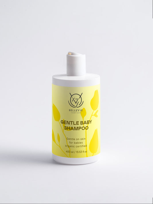 Gentle baby shampoo by Belleviecosmetic, organic tear-free shampoo for sensitive skin and newborn hair care.