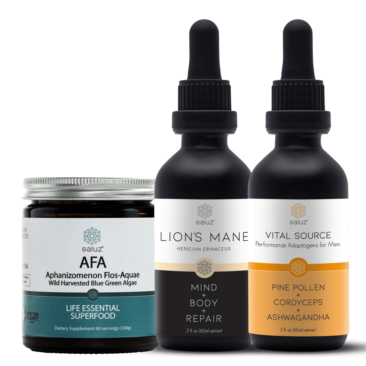 Saluz Health AFA Lion's Mane Vital Energy supplement bottle with label, featuring natural ingredients for focus, clarity, and wellness.