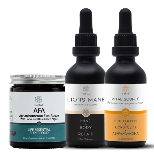 Saluz Health AFA Lion's Mane Vital Energy supplement bottle with label, featuring natural ingredients for focus, clarity, and wellness.