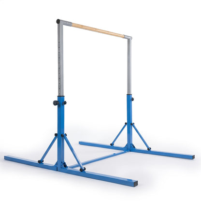 Foldable GBruno Store adjustable gymnastics bar for kids ages 3+, with adjustable height from 35.5 to 59 inches, set up in a foldable position.