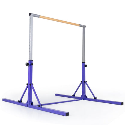 Foldable GBruno gymnastics bar for kids ages 3+, adjustable height from 35.5 to 59 inches, with padded supports and foldable design.