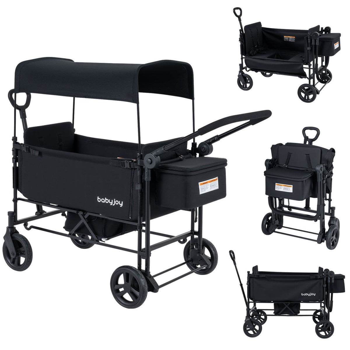 GBruno foldable wagon stroller for 2 kids with removable canopy and adjustable push handle, ideal for family outings.