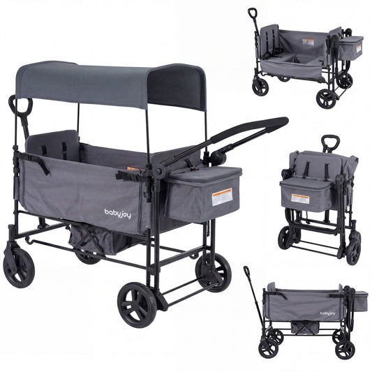 Foldable GBruno wagon stroller for two kids with removable canopy and adjustable push handle, suitable for outdoor family outings.
