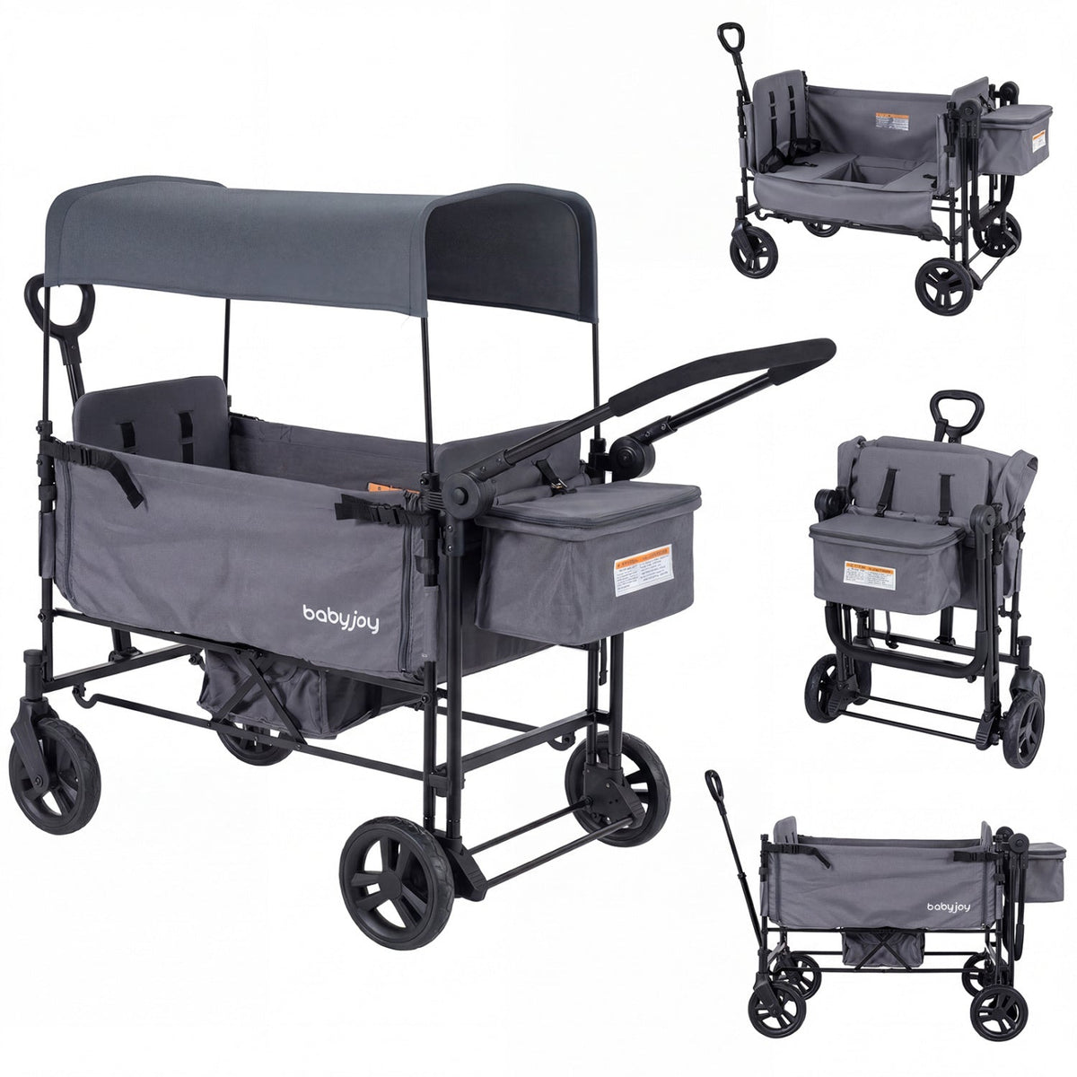 GBruno foldable wagon stroller for 2 kids with removable canopy and adjustable push handle, shown in a compact, portable design.