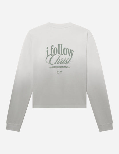 Elevated Faith Follow Christ LS Heavyweight T-Shirt with screen print design, casual fit, and long sleeves on a white background.