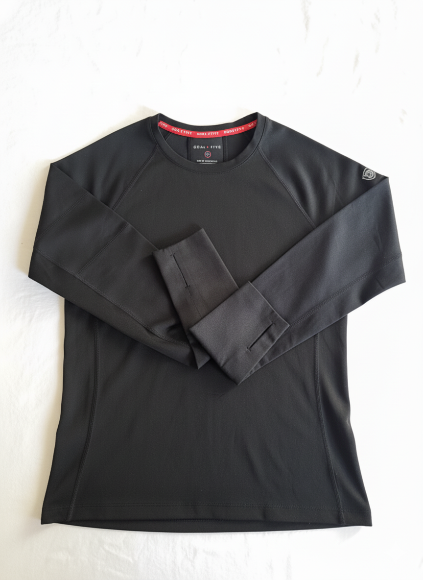 Black Foudy 2.0 women's long sleeve athletic top by Goal Five, designed for training with a fitted crewneck style.