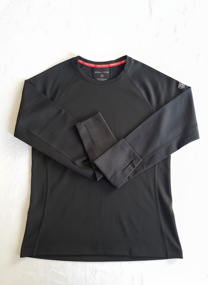 Black Foudy 2.0 women's long sleeve athletic top by Goal Five, designed for training with a fitted crewneck style.