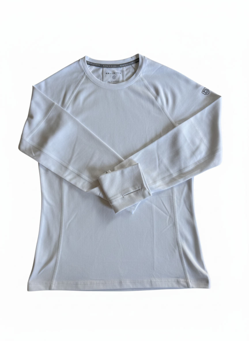 Goal Five Foudy 2.0 women's long sleeve athletic training top in white, designed for comfortable workout wear.