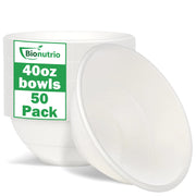 Bionutrio 40oz Large Disposable Bowls 50 Pack Compostable Paper Bowls Heavy Duty Bowls For Hot Soup White Bagasse Bowls Microwavable Safe Bowls For Salad Cereals Snacks