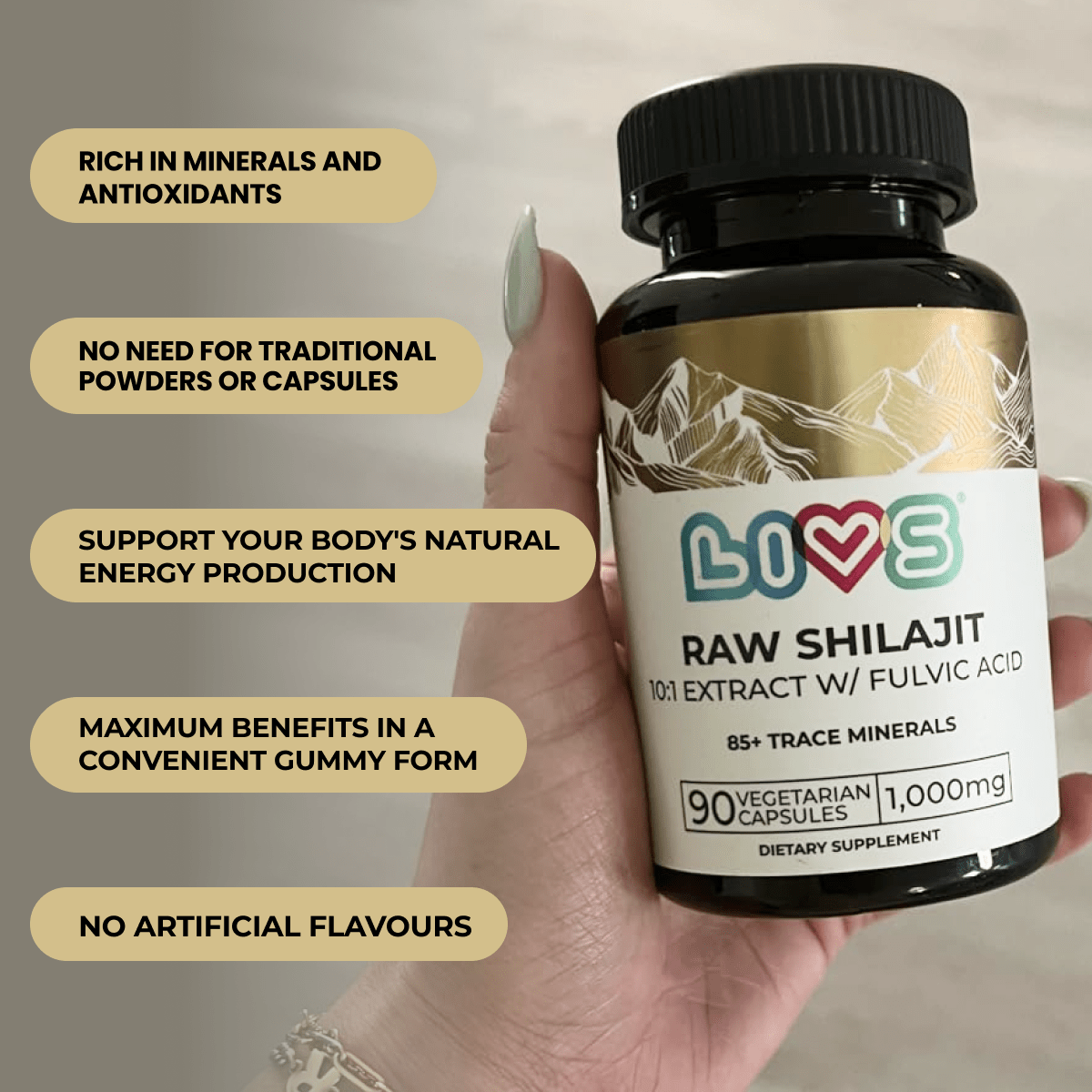LIVS Raw Shilajit Capsules shown in a bottle with capsules inside, highlighting natural dietary supplement for energy and vitality.
