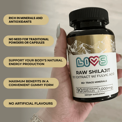 LIVS Raw Shilajit Capsules shown in a bottle with capsules inside, highlighting natural dietary supplement for energy and vitality.