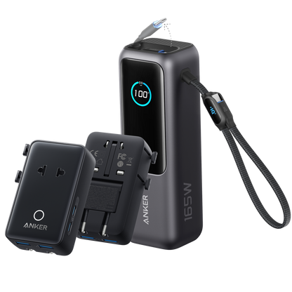 Anker 25K 165W laptop power bank with built-in and retractable cables for portable charging and high power delivery.