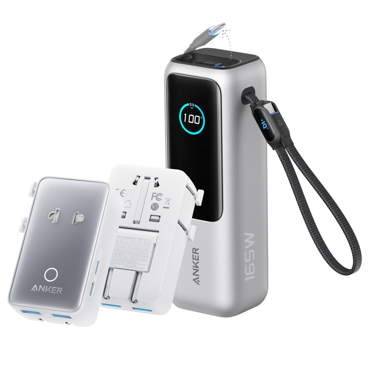 Anker 25K 165W laptop power bank with built-in retractable cables for portable charging and high power output.