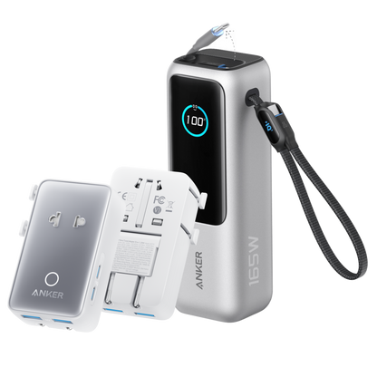 Anker 25K 165W laptop power bank with built-in retractable cables for portable charging and high power output.