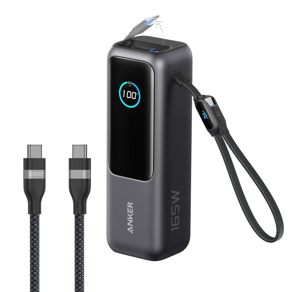 Anker 25K 165W laptop power bank with built-in retractable cables for portable device charging.