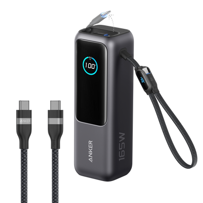 Anker 25K 165W laptop power bank with built-in retractable cables for portable device charging.