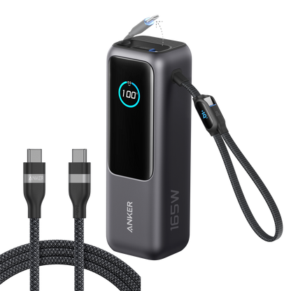 Anker 25K laptop power bank with 165W output, built-in retractable cables, portable rechargeable battery for laptops and devices