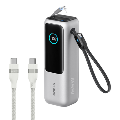 Anker 25K 165W laptop power bank with built-in retractable cables, portable charger for laptops and devices
