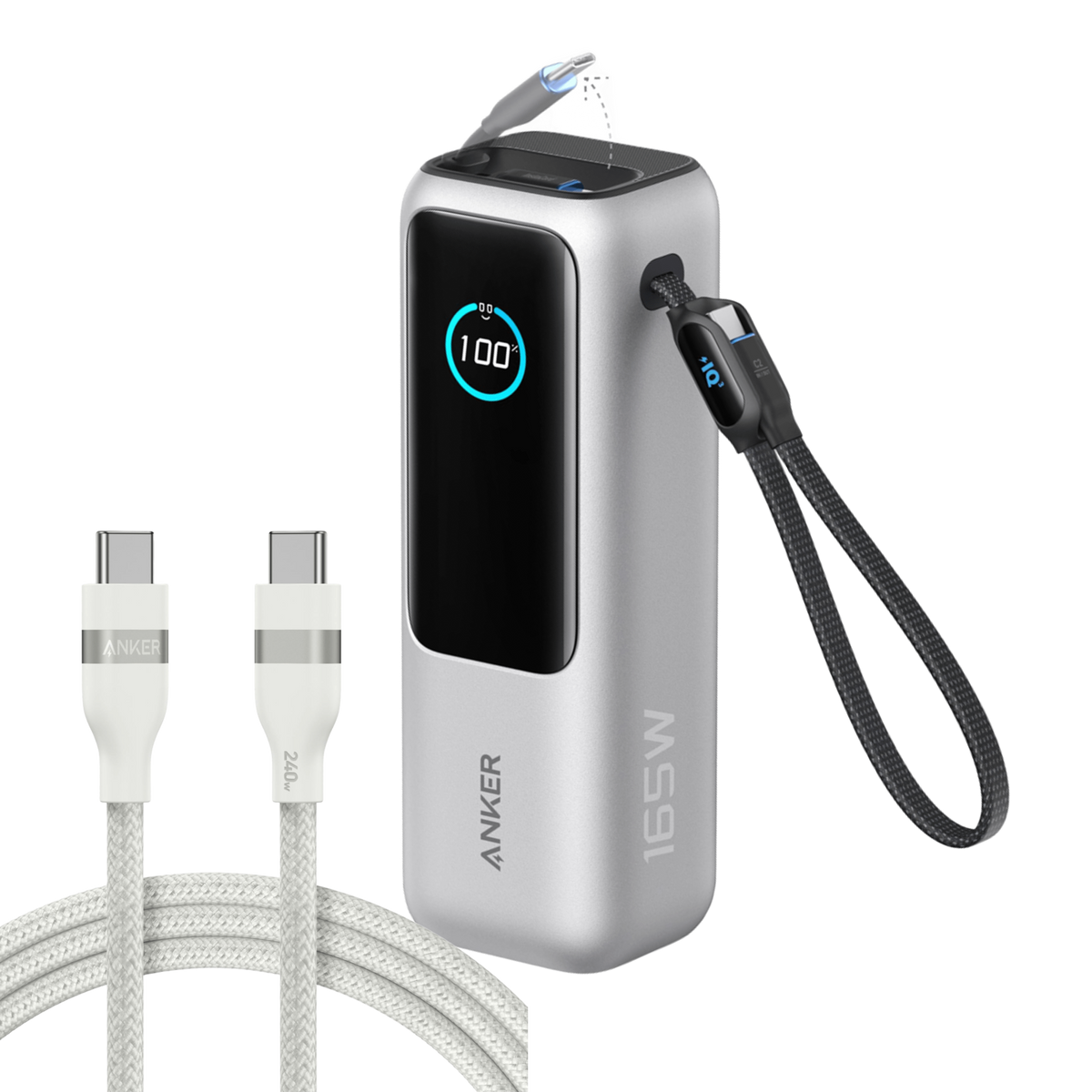 Anker 25,000mAh laptop power bank with 165W output, built-in retractable cables, portable USB-C and USB-A charging device
