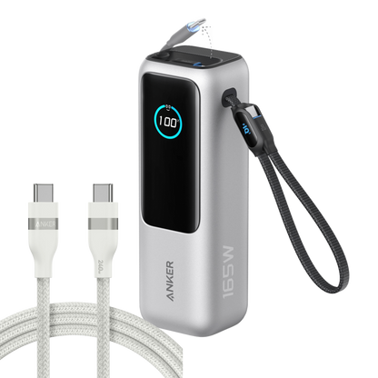 Anker 25,000mAh laptop power bank with 165W output, built-in retractable cables, portable USB-C and USB-A charging device