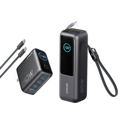 Anker 25K 165W laptop power bank with built-in and retractable cables, portable USB-C external battery for charging laptops