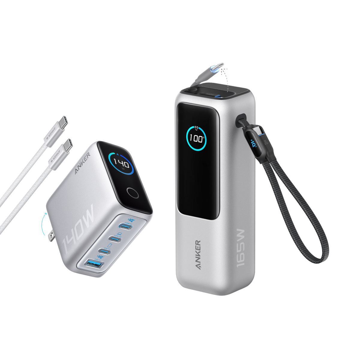 Anker 25K 165W laptop power bank with built-in retractable cables for portable charging and high power output.