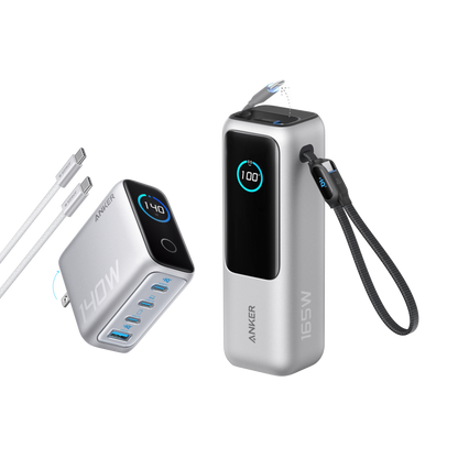 Anker 25K 165W laptop power bank with built-in retractable cables for portable charging and high power output.