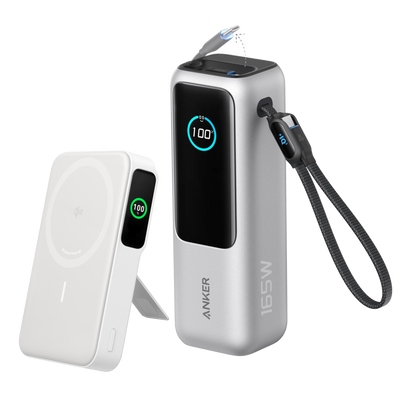 Anker MagGo 10K power bank with magnetic wireless charging pad and USB-C port for portable charging.