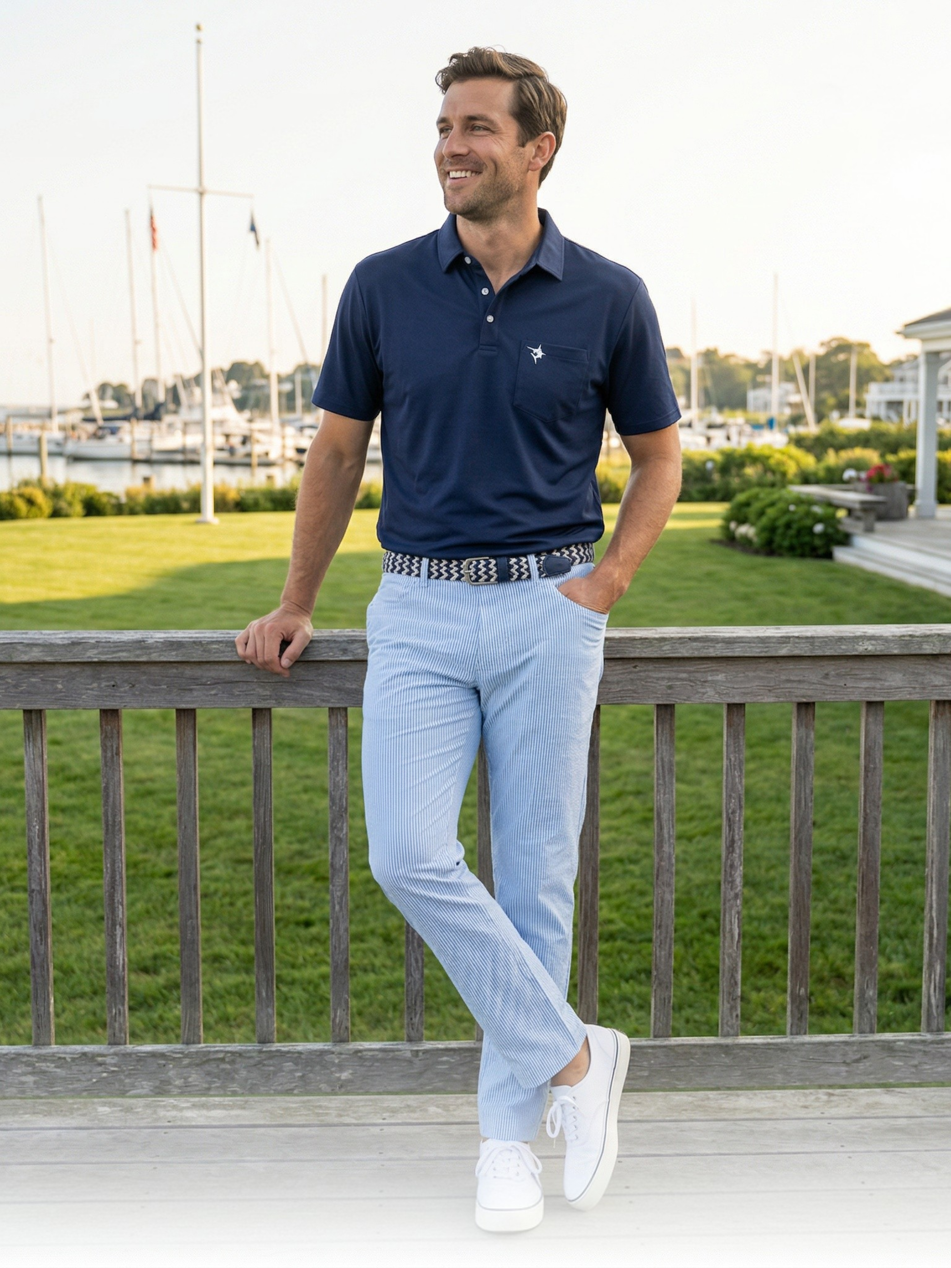 Navy seersucker Freeport pant by White Water Life, versatile performance pants shown on model, casual and comfortable style.