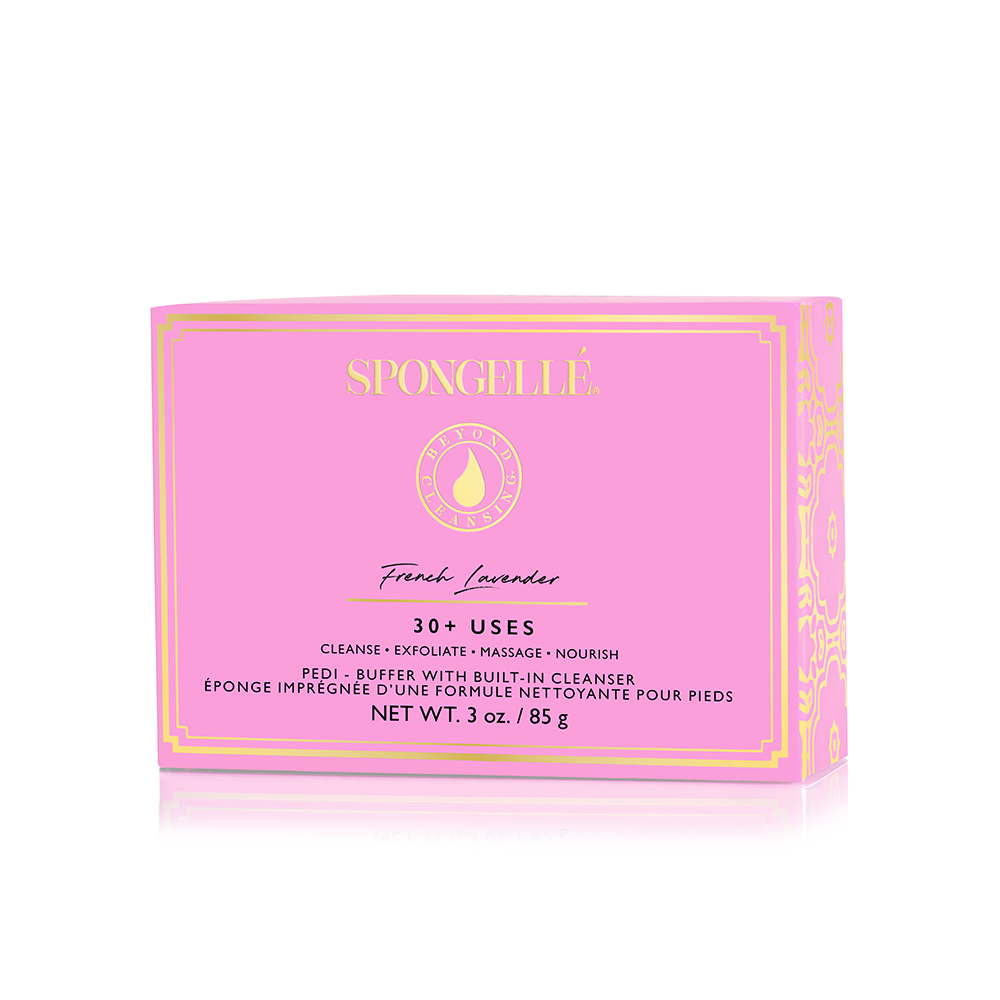 Spongellé French Lavender Wild Flower body gift set with pedi buffer and refill body wash in elegant packaging