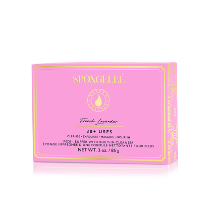 Spongellé French Lavender Wild Flower body gift set with pedi buffer and refill body wash in elegant packaging