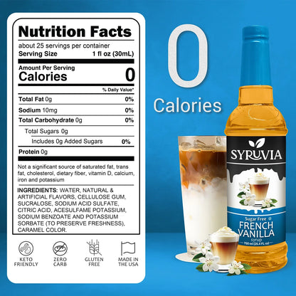 Bottle of Syruvia sugar-free French vanilla syrup with clear label and vanilla flavor indication on the front.