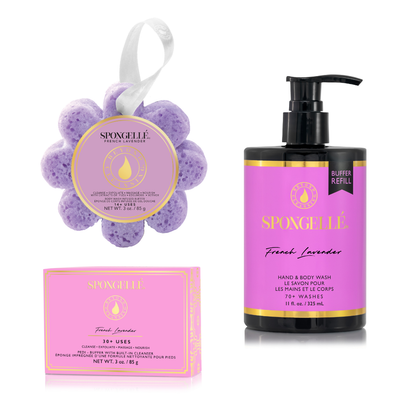 Spongellé French Lavender Wild Flower body gift set with pedi buffer and refill body wash, featuring lavender and wildflower fragrances.