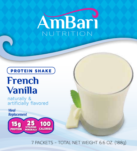 AmBari Nutrition French Vanilla Shake with 15g protein in a glass, showcasing the creamy vanilla flavor and shake texture.