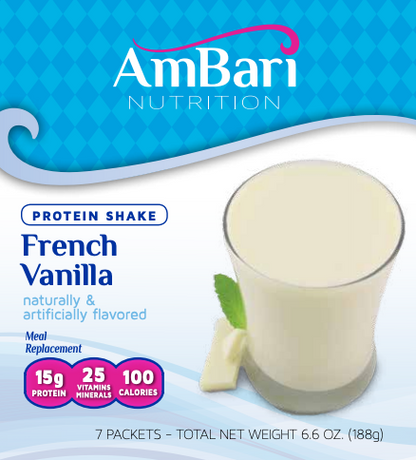 AmBari Nutrition French Vanilla Shake with 15g protein in a glass, showcasing the creamy vanilla flavor and shake texture.
