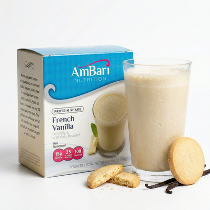A French Vanilla Shake by AmBari Nutrition with a creamy vanilla flavor and 15g of protein in a glass.