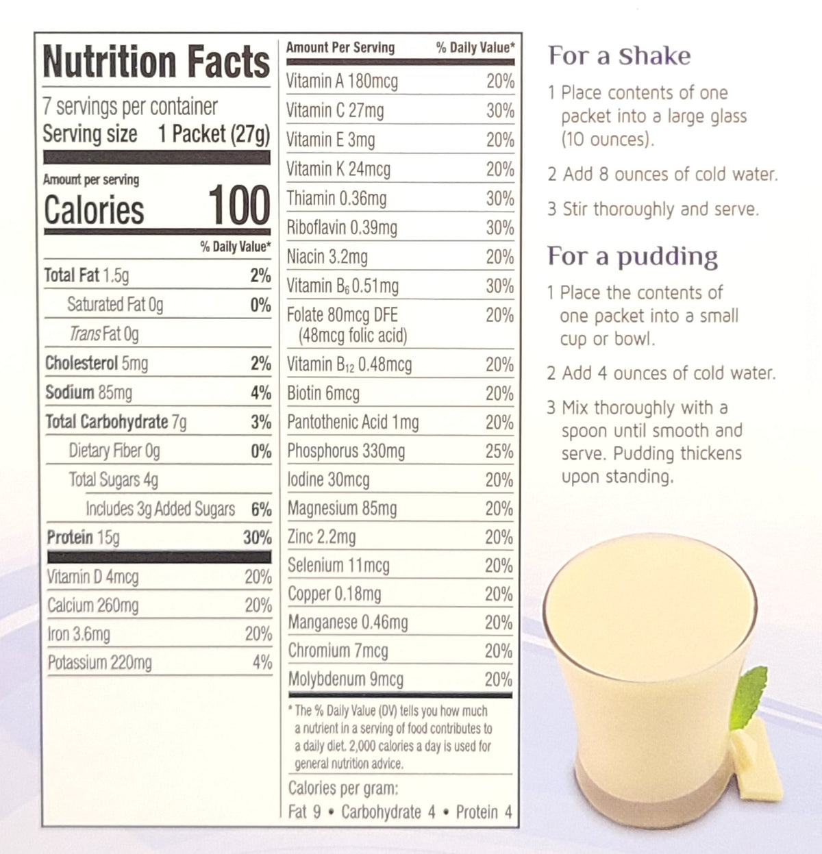 French Vanilla Shake by AmBari Nutrition featuring a nutritional facts label and a creamy vanilla flavor shake in a glass