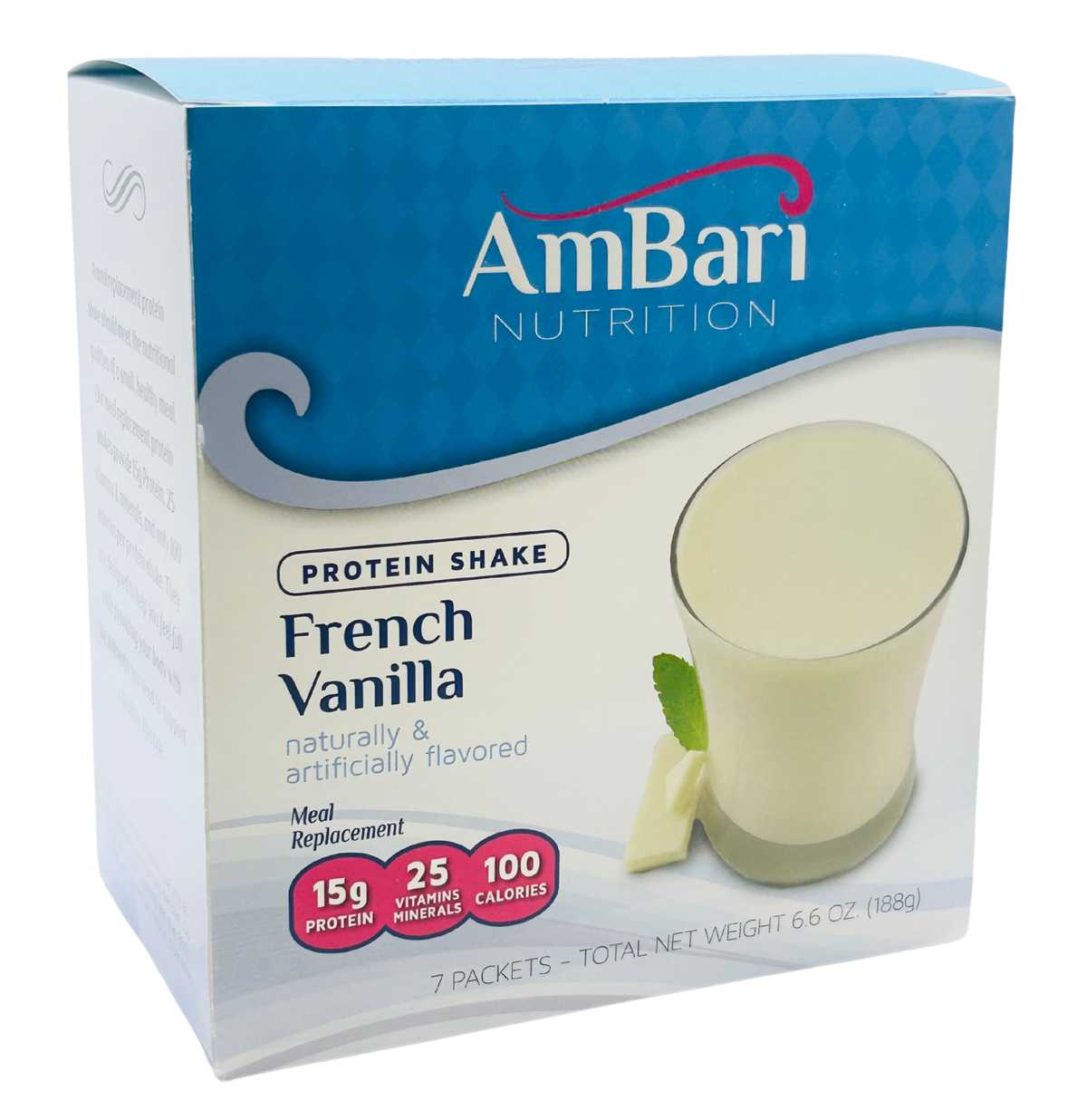 AmBari Nutrition French Vanilla Shake in a glass, showing a creamy vanilla-colored beverage with a scoop of vanilla protein powder